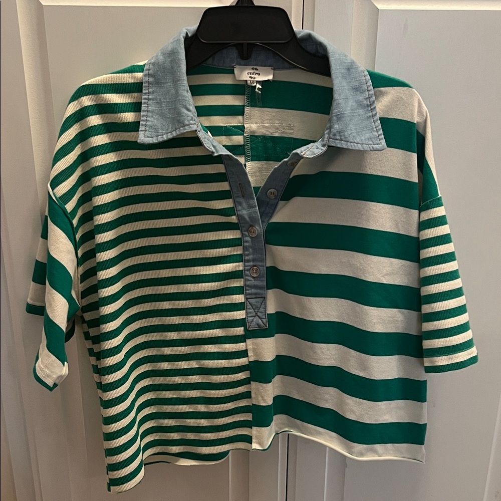 entro Green & White Striped  Polo with Denim Collar
